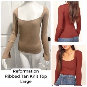Reformation Bethany Ribbed Knit Top Tan Tencil Spandex Blend Split Sleeves Large